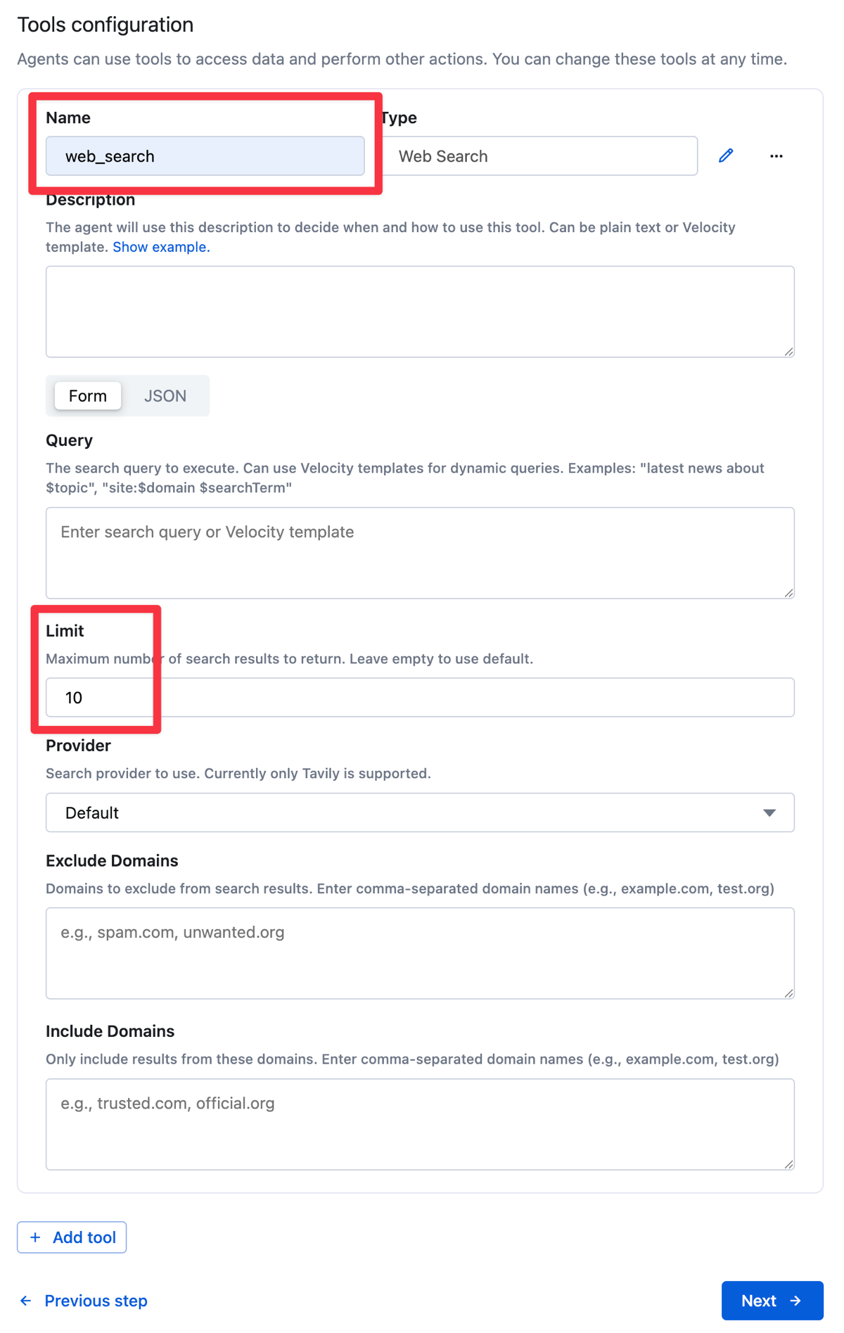 Configure web search tool